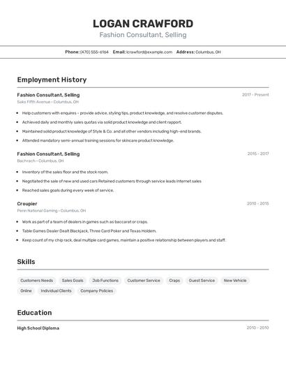 Fashion Consultant, Selling Resume