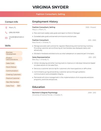 Fashion Consultant, Selling Resume
