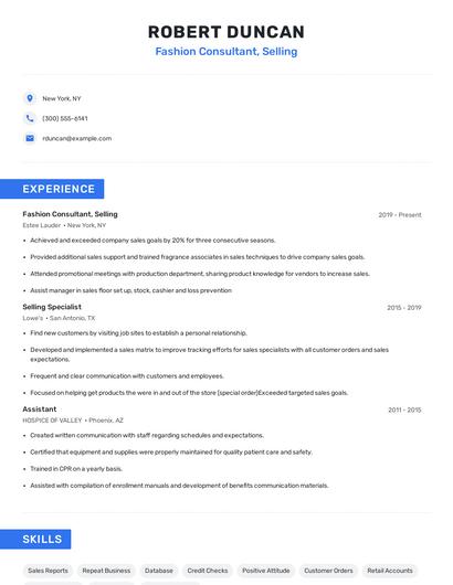 Fashion Consultant, Selling Resume