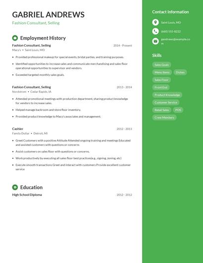 Fashion Consultant, Selling Resume