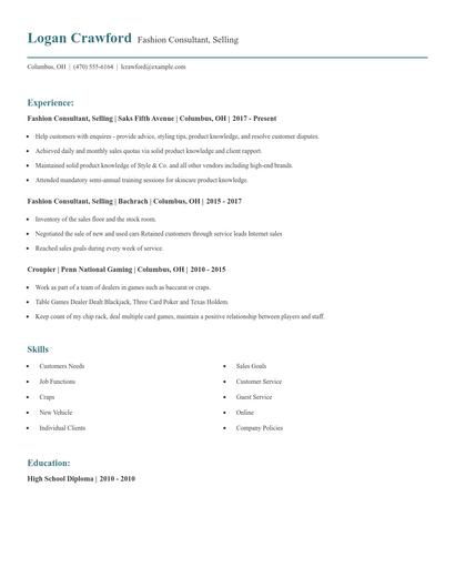 Fashion Consultant, Selling Resume
