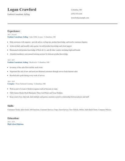 Fashion Consultant, Selling Resume