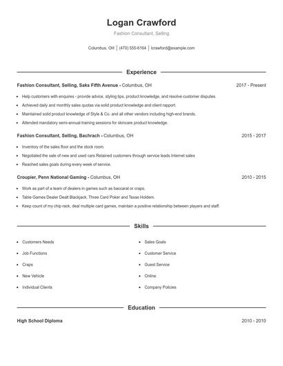 Fashion Consultant, Selling Resume