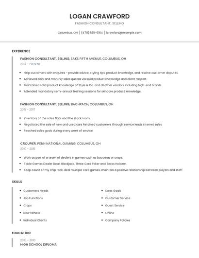 Fashion Consultant, Selling Resume