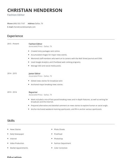 Fashion Editor Resume