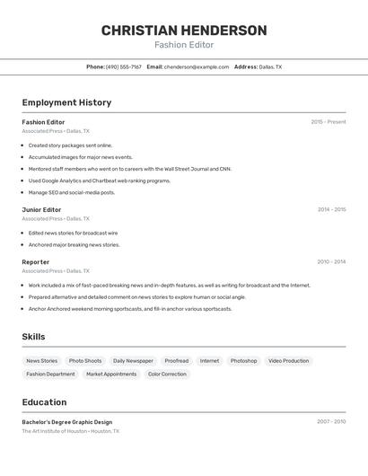 Fashion Editor Resume