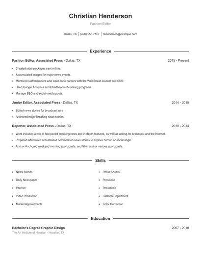 Fashion Editor Resume