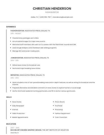 Fashion Editor Resume