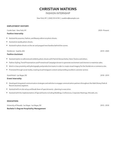 Fashion Internship Resume