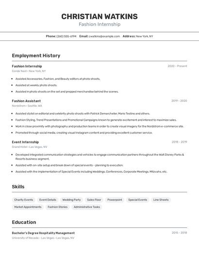 Fashion Internship Resume