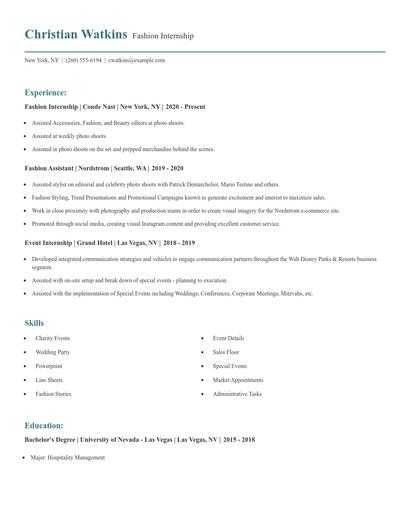 Fashion Internship Resume