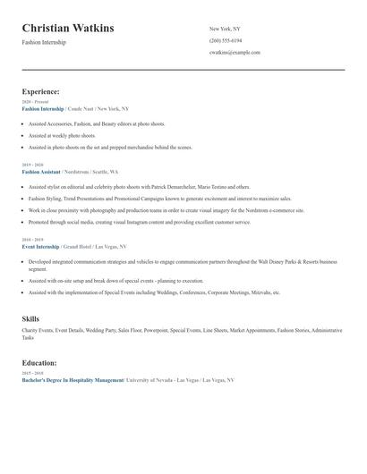 Fashion Internship Resume
