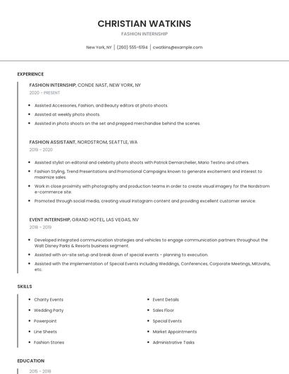 Fashion Internship Resume