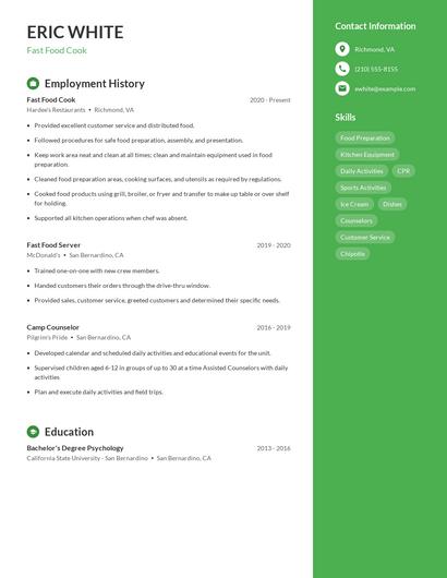 Fast Food Cook Resume