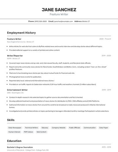 Feature Writer Resume