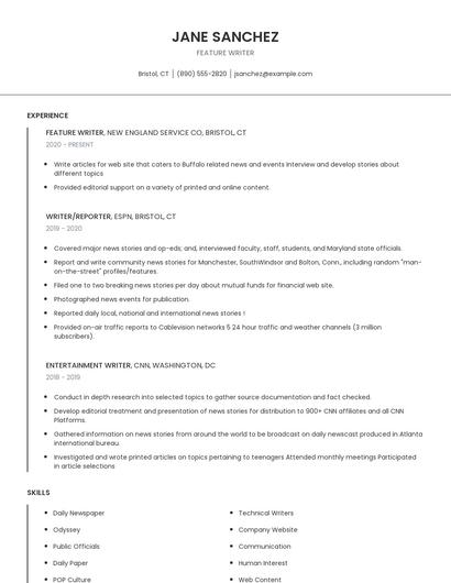 Feature Writer Resume