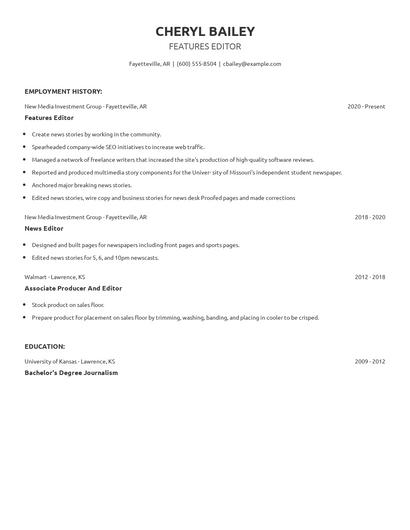 Features Editor Resume