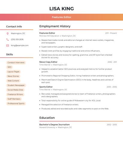Features Editor Resume