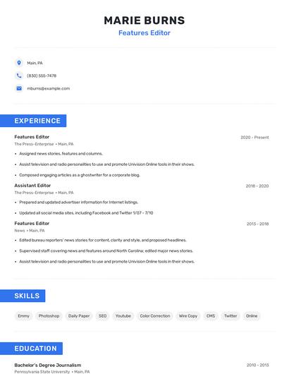 Features Editor Resume