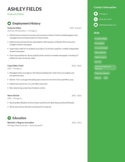 Features Editor Resume