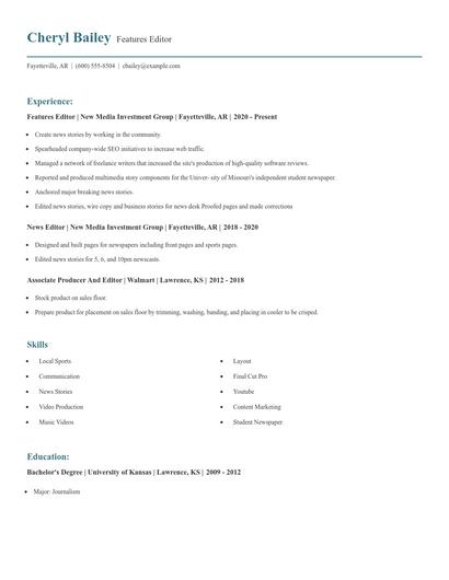 Features Editor Resume