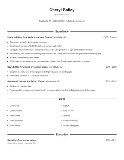 Features Editor Resume