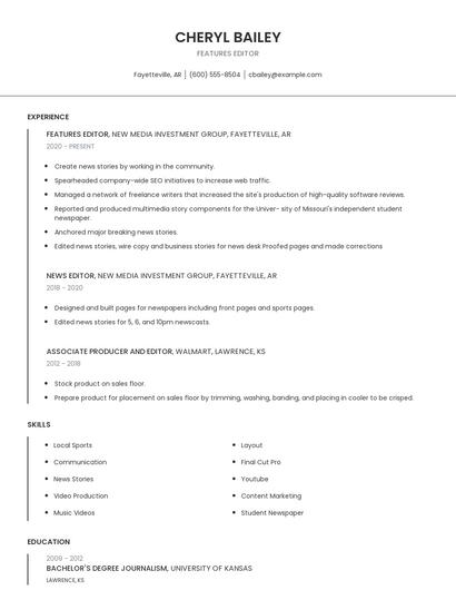 Features Editor Resume