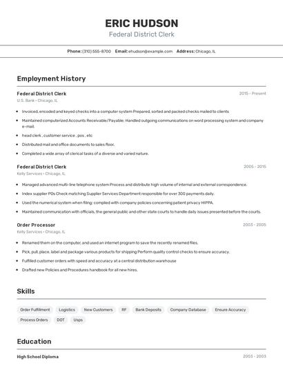 Federal District Clerk Resume
