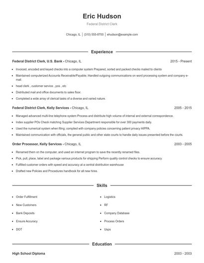 Federal District Clerk Resume