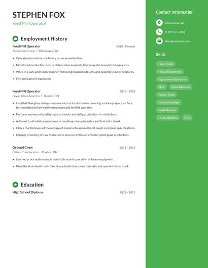 Feed Mill Operator Resume