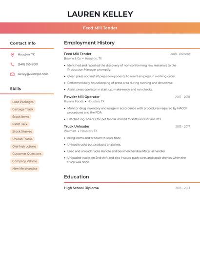 Feed Mill Tender Resume
