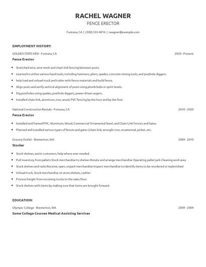 Fence Erector Resume