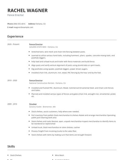 Fence Erector Resume