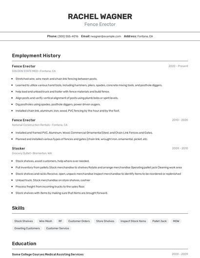 Fence Erector Resume
