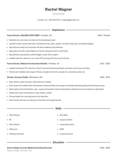Fence Erector Resume