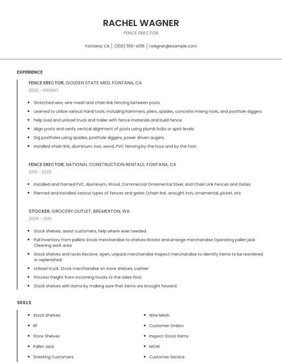 Fence Erector Resume