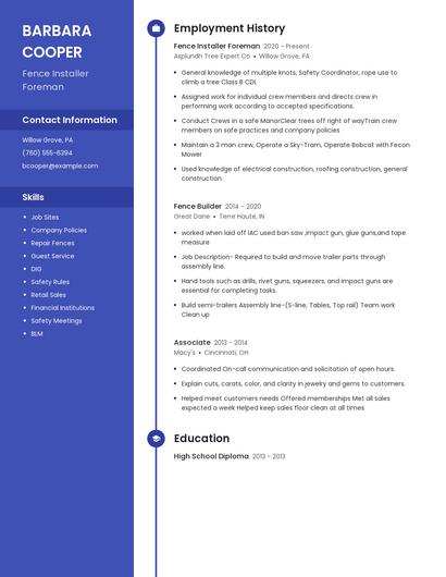 Fence Installer Foreman Resume