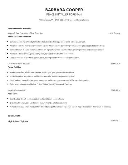 Fence Installer Foreman Resume