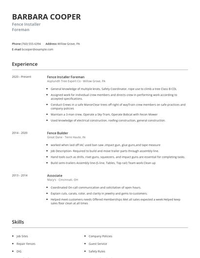 Fence Installer Foreman Resume