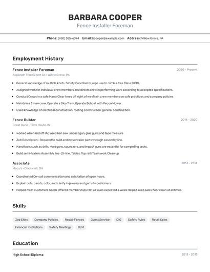 Fence Installer Foreman Resume