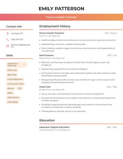 Fence Installer Foreman Resume