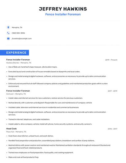Fence Installer Foreman Resume