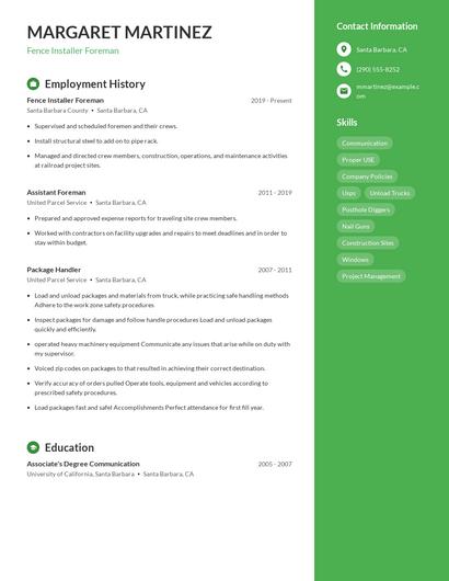 Fence Installer Foreman Resume