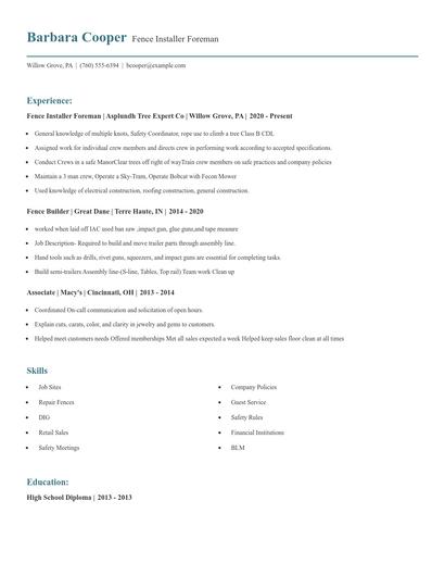 Fence Installer Foreman Resume