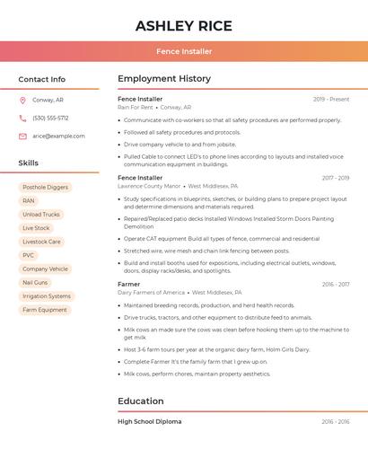 Fence Installer Resume