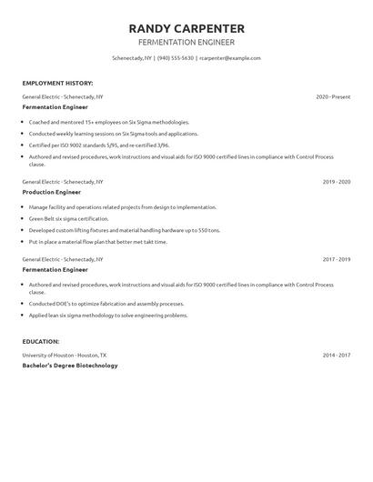 Fermentation Engineer Resume