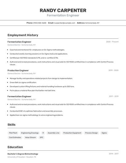 Fermentation Engineer Resume