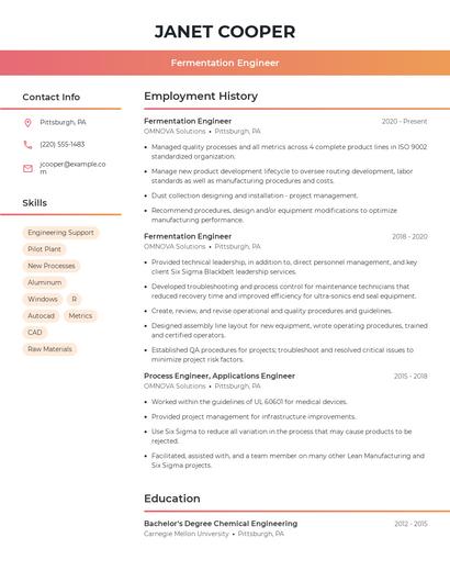 Fermentation Engineer Resume