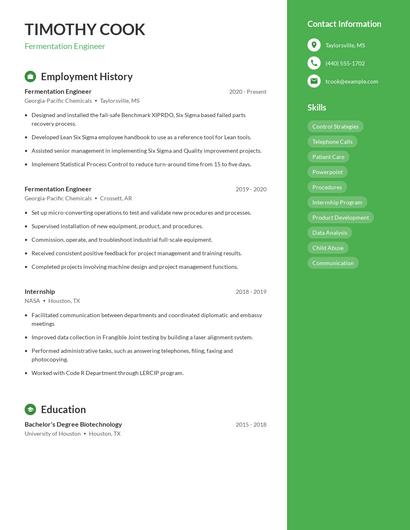 Fermentation Engineer Resume