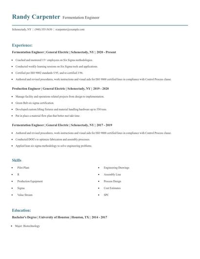 Fermentation Engineer Resume